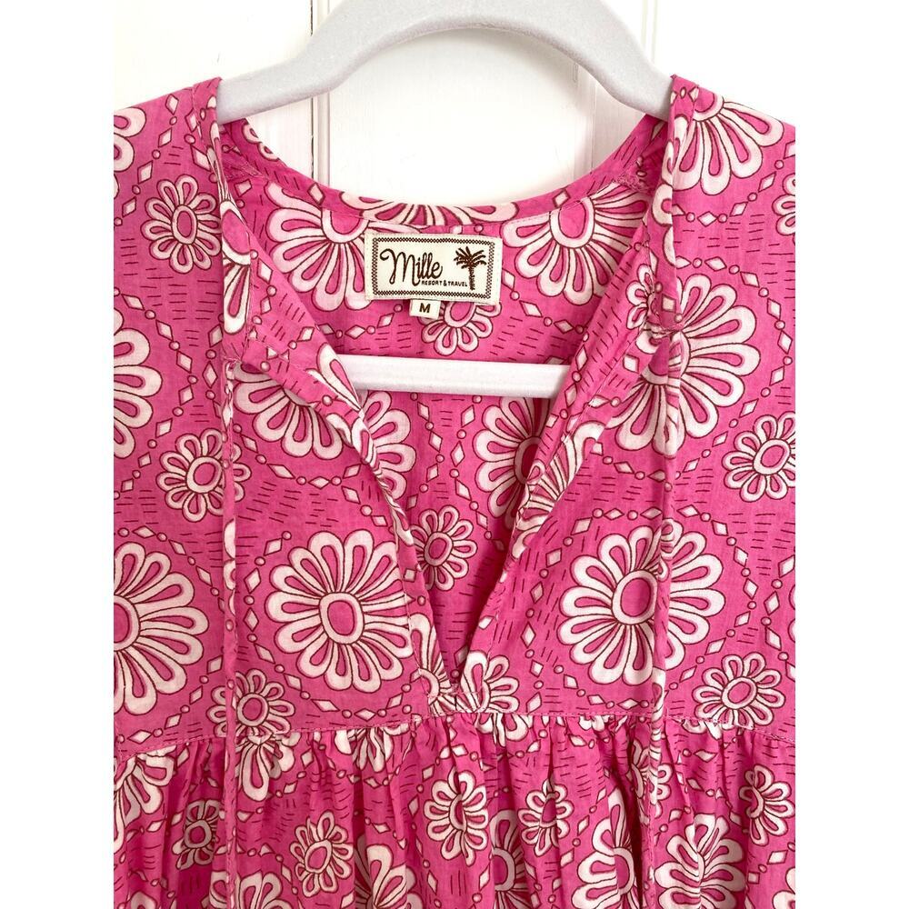 MILLE Resort Saffron Pink Daisy Print Cotton Puff Sleeve Midi Dress Tuckernuck - Picture 11 of 12